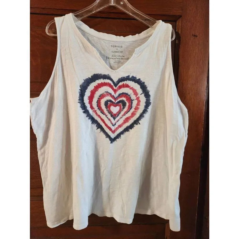 Torrid Tie Dye Red White & Blue Heart Split Neck Tank Top 4X Plus Cotton